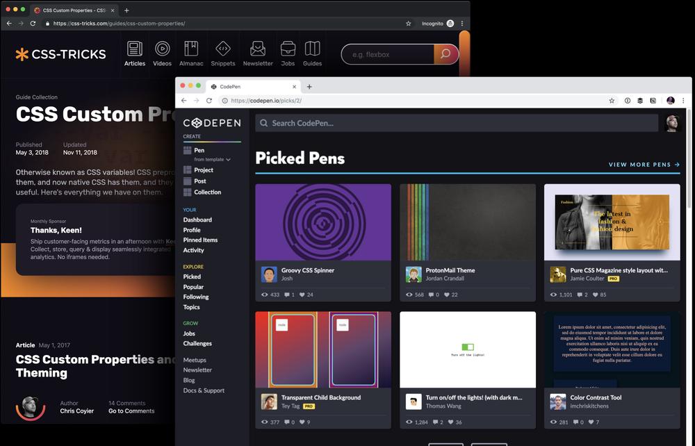 Screenshots of CSS-Tricks and CodePen homepages